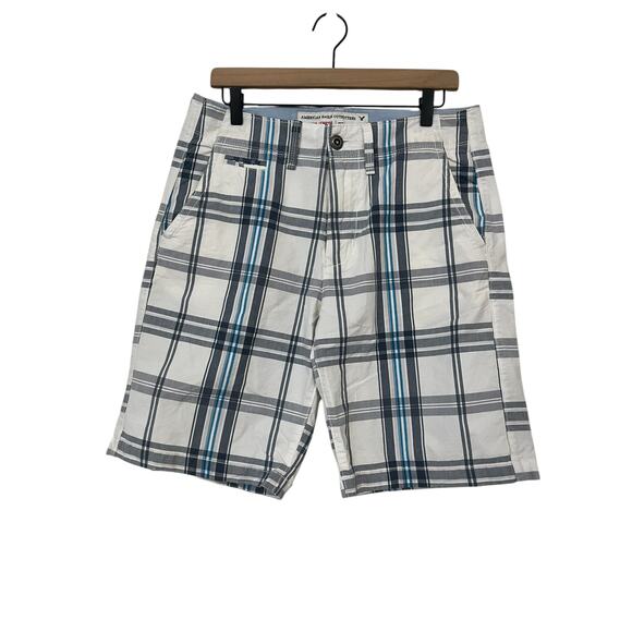 American Eagle Mens Classic Length Cream Blue Gray Plaid Cotton Shorts Size 30 - Picture 1 of 5